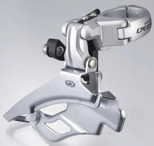 Discount SCHIMBATOR FATA SHIMANO DEORE FD-M591 TRIPLU PT. 9 VIT. PE SPATE DOWN SWING TRAGERE DUBLA COLIER 34.9MM INCL. ADAPTOR 31.8MM & 28.6MM PT. 44/48T UNGHI CS 63-66 ARGINTIU AMBALAT IND.