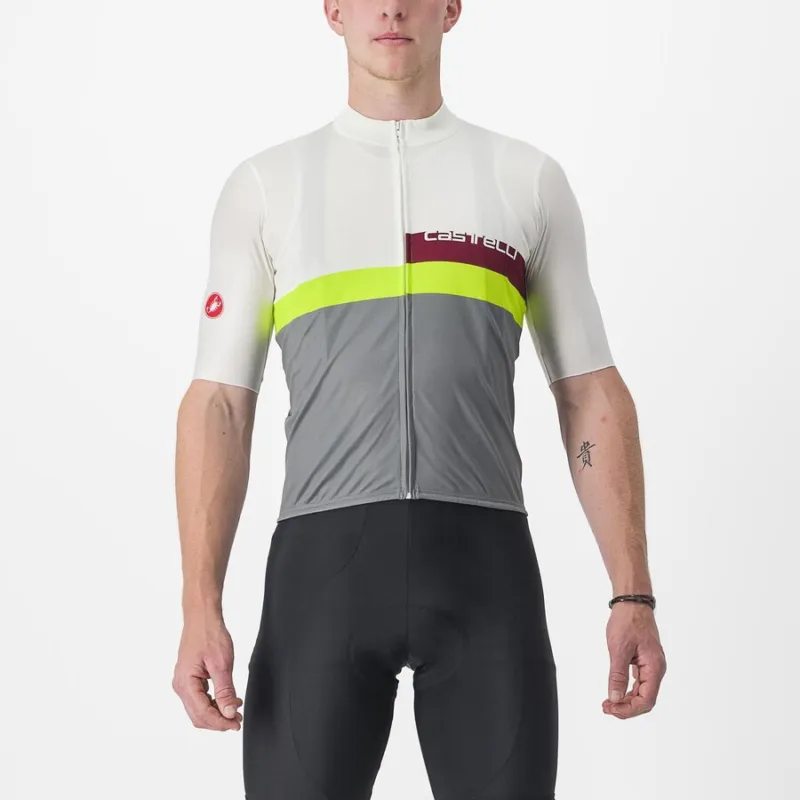 Preferatul clienților Tricou cu maneca scurta Castelli A Blocco, Alb/Gri/Galben Fluo/Visiniu, M